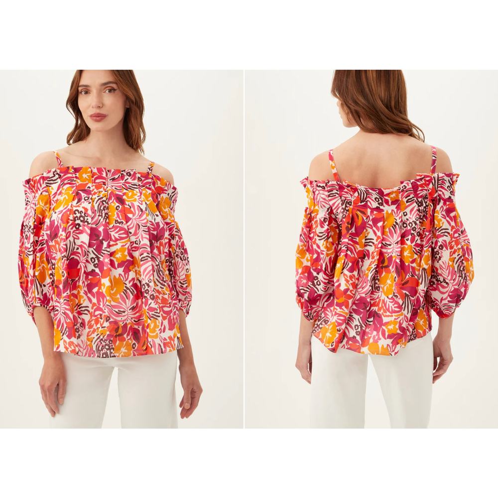 $298 TRINA TURK Salma off-the-shoulder Balloon Blouse | Sz L Orange Pink Floral